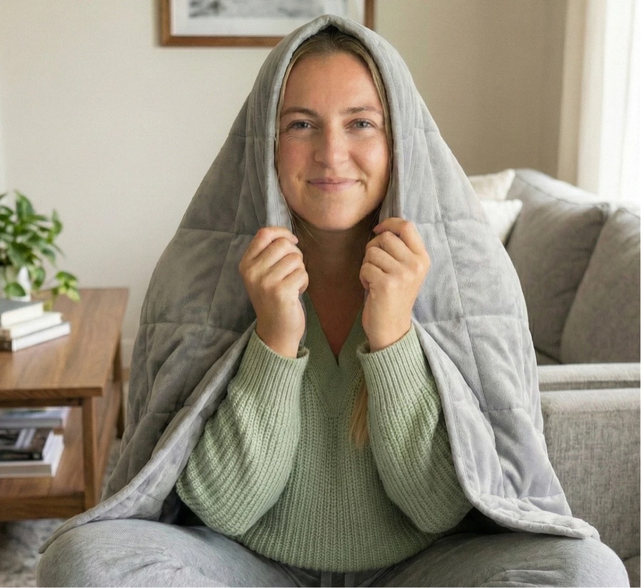 Woman wrapped in the BareEarth weighted blanket on a couch