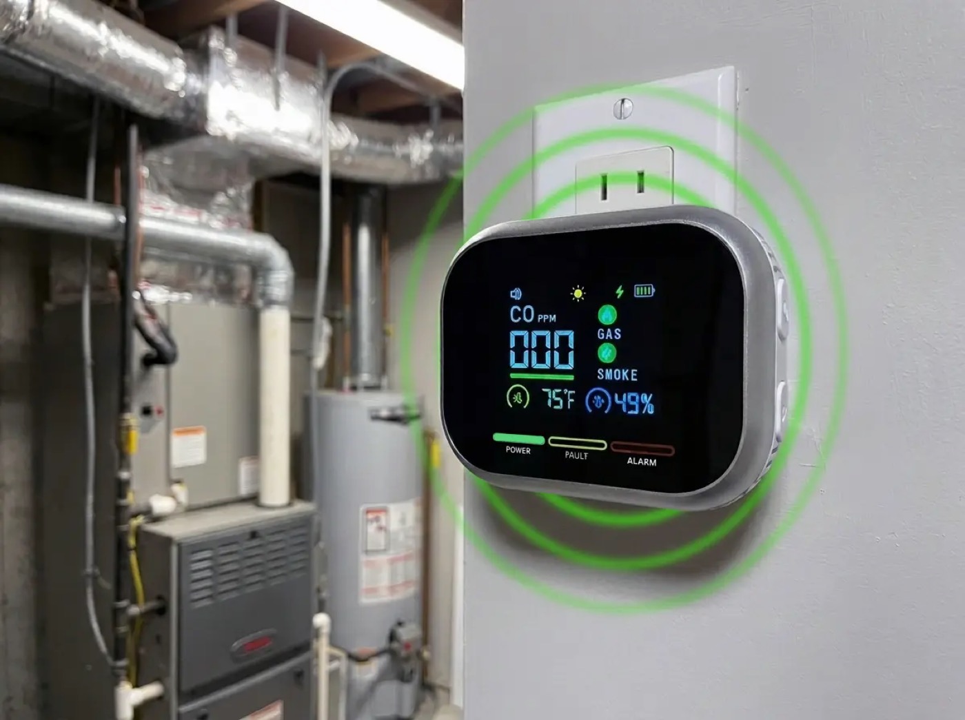 Plug-in carbon monoxide detector mounted near a furnace and water heater, reading 000 PPM