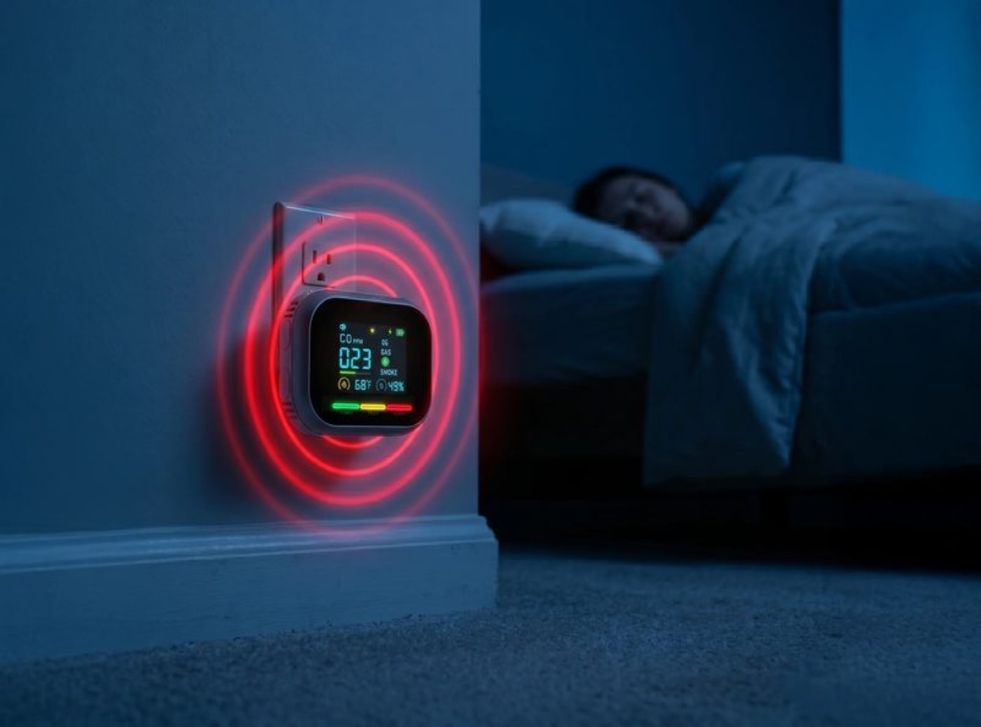 Carbon monoxide detector plugged in beside a bed at night, displaying 023 PPM