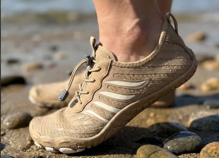Two people walking on a rocky trail wearing Grounded Footwear