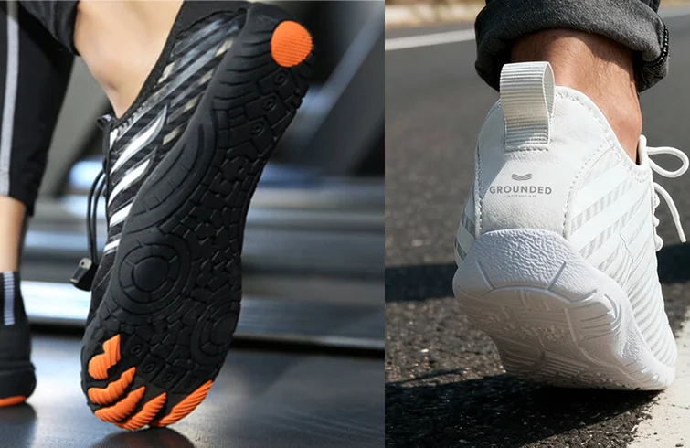 Grounded Footwear Freedom shoes worn on a treadmill and on a street, showing the flexible sole and toe grip
