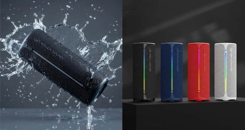 Walla Sound Boom+ surviving a splash, and the four available colors side by side