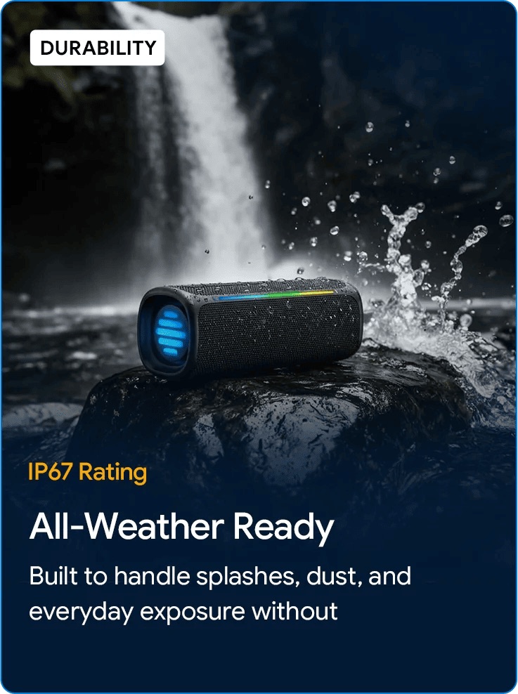 Walla Sound Boom+ on a rock in front of a waterfall — IP67 rated, all-weather ready