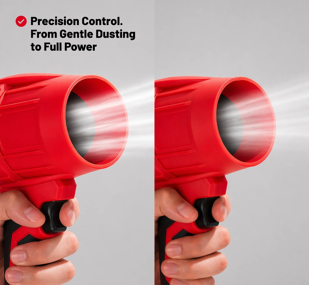 Wood Ranger's pressure-sensitive trigger shown at gentle and full power settings