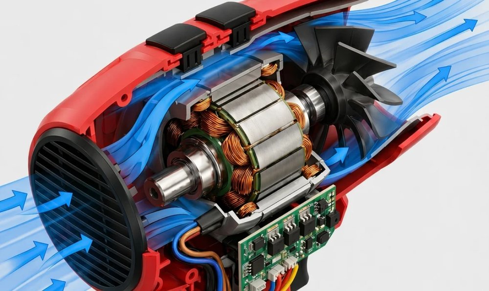 Cutaway of the Wood Ranger's brushless motor and turbine fan driving a concentrated air stream